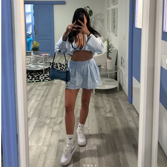 NWT ZARA VOLUMINOUS STRIPED SKORT LIGHT BLUE - Picture 1 of 8